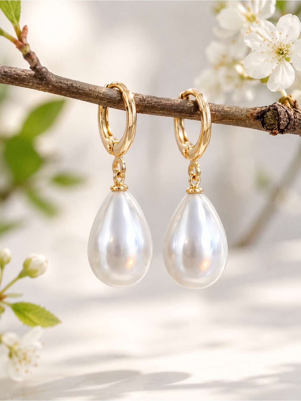 Faux Pearl Drop Earrings 14K Gold Tone Leverback Minimalist Handmade